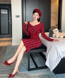 【5色】膝丈ドレス キャバドレス 上品Vネック 配色 ニットワンピース エレガント 大人可愛い ツイード風 長袖 JC2-DD5603