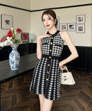 【2色】ミニドレス オードリー風 ホルターネック ニット エレガント Ａライン ウェストシェイプ 痩せ見え デート パーティー JC2-MLS8378