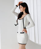 【2点セット】 ミニドレス キャバドレス セクシー 韓国風 ニットタイトセット 長袖 クルーネック ビスチェ  上品コーデ デート 女子会 カフェ LW2-DD6030