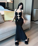 ロングドレス セクシー ホルターネック オフショルダー ローズモチーフ カットアウト 着痩せ パーティー JC2-DD5523