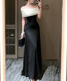 Lady's coco ロングドレス キャバドレス セクシー フレンチ風 ブラック×ホワイト バイカラー ワンショルダー ワンピース 上品ドレス デート 女子会 二次会 披露宴 パーティー LW2-XHY919306