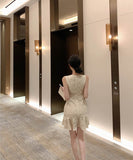 ミニドレスレースフリルVネック小顔効果気質谷間見せエレガント高級感大人可愛い韓国っぽ WQ2-XKD-D529-6812-Apr8