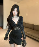 【2色】ミニドレス キャバドレス セクシー ロングスリーブ レース拼接け ナイトクラブ ボディコン 指名 JC2-DD5422