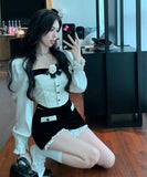 【2点セット】ミニドレス セクシー ツバキモチーフ シャネル風デザイントップス × ベルベットタイトスカートセットアップ 上品フィット＆美シルエット 女子会 デート JC2-XKDD426-7120-7121-Sep18