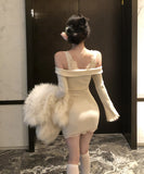 【2色】ミニドレス キャバドレス セクシー フレンチエレガント オフショルダー レース切替 ニット スリムフィット 秋冬 デート お出かけ JC2-XKDD426-7932-Sep21