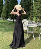 ロングドレス キャミワンピ  キャミワンピ フレンチレトロドット柄 Vネック エレガント 着痩せ デート 女子会 JC2-CD6-157-82430670