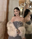 手作りドレスツイードドレスミニドレス高級感セレブ風キラキラ宴会パーティー着痩せ気質 WQ2-GZXX-001