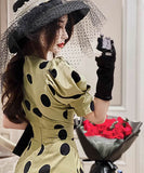 ロングドレスパフスリーブ水玉柄エレガントセクシー通勤韓国っぽハイウエスト着痩せVネック WQ2-ZED883562A71