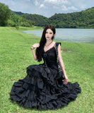 ロングドレス フレンチフェミニン エレガント レース切替 Vネック キャミワンピ ウエストシェイプ ティアードフレア 上品 大人可愛い デート お出かけ 結婚式 JC2-CD3-141-5510900