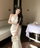 ロングドレス セクシー ホワイトサテン ホルターネック マーメイドロングドレス エレガント 結婚式のお呼ばれ パーティー JC2-XKDD200-0615A-Sep3