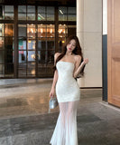 ロングドレスマーメイドドレスレースチュールキャミワンピタイトドレスベアトップおしゃれ韓国っぽ WQ2-XKD-D308-6956-May22