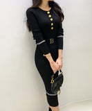 【2色】Lady's coco ロングドレス キャバドレス セクシー クルーネック 長袖 バイカラー ニットワンピース ポケット付き ウエストリボン LW2-DD6031