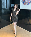 ミニドレス キャバドレス 上品セクシー エレガント ボディコン フレンチスタイル Vネック レース 着痩せ パーティー 二次会 結婚式のお呼ばれ JC2-LQE1204