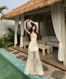 ロングドレス リゾートウェア 着痩せシルエット ホルターネック レース拼接 立体フラワープリント JC2-CD7-323-80900850