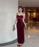 Lady's coco ロングドレス キャバドレス  セクシー ベロア キャミワンピース スリット入り 上品セクシー ハイウエスト ドレス  結婚式 二次会 披露宴 パーティー 上品 LW2-DD5946