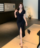 ロングドレス キャバドレス セクシー フェミニン キラキラ セレブ風 Vネック クロスヘム ボディコン ハイスリット パーティー JC2-LQE1205HF350