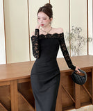 Lady's coco ロングドレス キャバドレス セクシー　オフショルダー レース切り替え セクシー スリムフィット エレガントドレス 結婚式 二次会 披露宴 パーティー 上品 LW2-DD5922