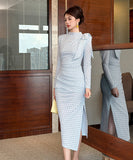 Lady's coco ロングドレス キャバドレス セクシー ブルーチェック タイトワンピース デザインリボン スリット入り 上品 スタイル 二次会 披露宴 上品  LW2-JY56009