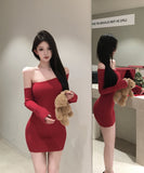 Lady's coco ミニドレス キャバドレス セクシー クリスマス  ワンショルダー ニット タイトミニワンピ  シルエット デート  LW2-XKDD318A-6252-Sep17