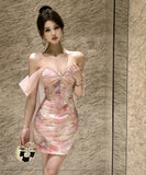 ミニドレス フレンチ エレガンス 手作りビジュー ベアトップ タイトフィット セクシー キャバドレス  プリント ショートワンピース 2024年新作 KS2-YXY808