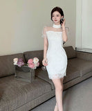 ミニドレスチュールセクシーパフスリーブレースエレガント大人可愛い気質キャバクラ WQ2-DD4842