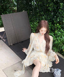 ミニドレスキャバドレスチュール袖付きエレガント通勤気質同伴Vネック小顔花柄パフスリーブ WQ2-XKD-D355-5088-Apr6