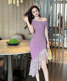 手作りドレス非対称オフショルダー花柄フリル非対称マーメイドドレス宴会パーティー着痩せ気質 WQ2-JY51329