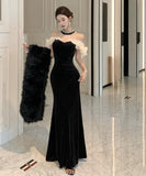 【2色】 ロングドレス キャバドレス セクシー ベロア マーメイドドレス ビジュー 仕上げ ウエストシェイプ シルエット 二次会 パーティー 披露宴 上品 LW2-OYF8731