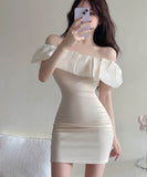 2色オフショルダードレスミニドレスタイトドレスフリル可愛い女子力エレガント同伴着痩せ気質 WQ2-SJHY-X4674