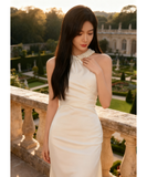 膝丈ドレス キャバドレス セクシー ギャザー ハンドメイド ノースリーブ サテン ホルターネック パール装飾 エレガント パーティー 女子会 JC2-HX250924