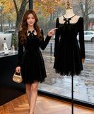 Lady's coco 膝丈ドレス キャバドレス セクシー  ベロアドレス パール付き クルーネック リボンデザイン ウエストマーク 長袖 フレアワンピース 上品デザイン デート 女子会 パーティー お呼ばれ 二次会 LW2-JY45408