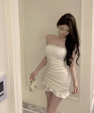 【2色】ミニドレスキャバドレスベアトップキラキラフラワーパーティーフリル非対称ナイトクラブ肌見せセクシー WQ2-DD4373