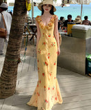 ロングドレスマーメイドドレス花柄フリル谷間見せセクシー同伴エレガント気質着痩せ WQ2-XHY911579