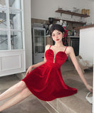 【2色】 ミニドレス キャバドレス セクシー 谷間魅せ Vネック ベルベット タイトキャミワンピース ウエストマーク パーティー 指名 LW2-DD5932