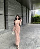 2色ロングドレスフリル谷間見せVネックレース肌見せ高級感ナイトクラブセクシーキャバクラ WQ2-XKD-D355-6839-Apr16