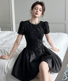 手作りドレスミニドレスキラキラ高級感Aラインパフスリーブ誕生日ドレスセレブ風着痩せ気質 WQ2-JY21695