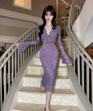 【3色】ロングドレス キャバドレス セクシー Vネック レース切り替え タイトワンピース ベルト付き 上品 シルエット LW2-DD6011