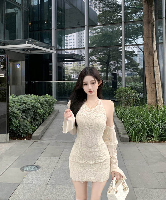 ミニドレスキャバドレスレースホルターネックタイトドレスパーティーナイトクラブセクシーバックレスドレス高級感 WQ2-ZED882368DXH437A