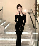 Lady's coco ロングドレス キャバドレス セクシー オフショルダー タイトワンピース ホルターネック 背中開き ボディコン デート 女子会 二次会 披露宴 パーティー LW2-OYF8723