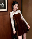 Lady's coco ミニドレス キャバドレス セクシー 上品ベロアワンピース レース切替 バイカラー 長袖 ウエストマーク Aラインシルエット LW2-JY21922