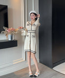 【2色】ミニドレス キャバドレス ツイード風 ニット 長袖 着痩せ バイカラー エレガント 小柄向け デート 女子会 JC2-DD5603