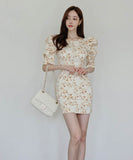 ミニドレス花柄パフスリーブエレガント韓国っぽカワセクシータイトドレスパーティーエレガント WQ2-ZED885682A71