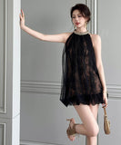 手作りドレスミニドレスチュールレースキラキラノースリーブセクシーセレブ風着痩せ気質宴会パーティー WQ2-JY91689