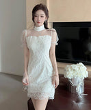 ミニドレスチュールセクシーパフスリーブレースエレガント大人可愛い気質キャバクラ WQ2-DD4842