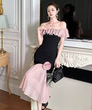 手作りドレスロングドレスオフショルダーチュールフリルフラワーセクシー高級感マーメイドドレス宴会パーティー二次会着痩せ気質 WQ2-JY51303