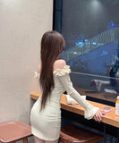 【2色】ミニドレス キャバドレス セクシー オフショルダー 長袖 フリルデザイン フレアスリーブ タイトミニワンピース シルエット 大人可愛い LW2-DD5943