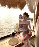 ビキニ水着ワンピース油絵柄ベアトップフリル大人可愛いビキニ水着温泉 WQ7-CF-AD35032