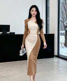 Lady's coco ロングドレス キャバドレス セクシー フレンチ風 Vネック デザイン バイカラー タイトワンピース 包臀ライン LW2-JY21896