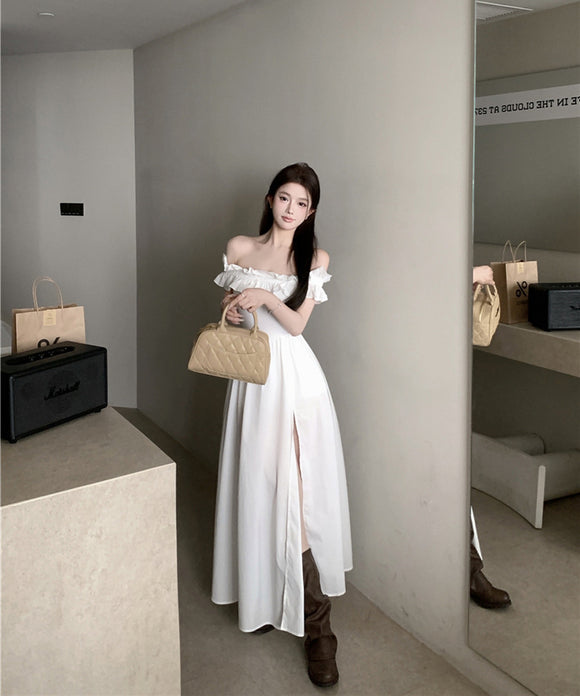 【2色】ロングドレスオフショルダーフリル着痩せ気質スリートカワセクシー宴会パーティー WQ2-XKD-D337B-3186-Mar9