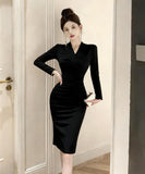 【2色】膝丈ドレス キャバドレス セクシー  エレガント タイトワンピース ウエストシェイプ ドレープ デザイン ペンシルスカート スリムフィット 上品 LW2-ZED886530DXH348A